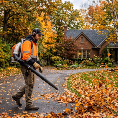 Worker blowing fallen leaves on a residential driveway in autumn