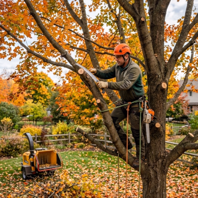 Arborist trimming tree branches in autumn