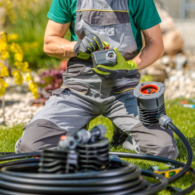 Gardener preparing irrigation equipment on a sunny lawn