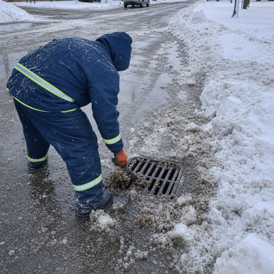 Worker clearing snow from a storm drain in winter
