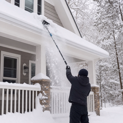Person removing snow from a roof with a long-handled rake