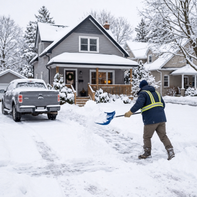 Worker shoveling snow on a residential street in winter