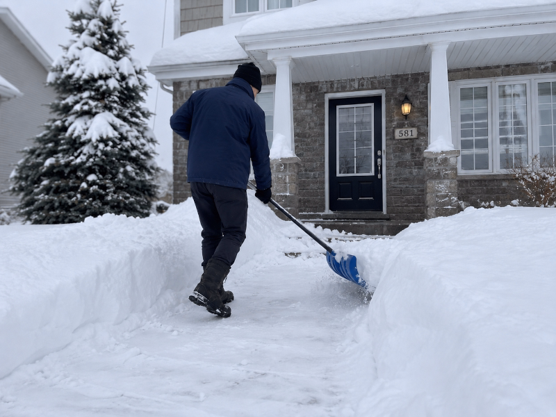 Person shoveling snow from a residential driveway in winter